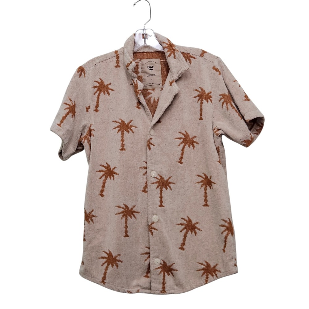 OAS Palmy Cuba Terry Cloth Shirt Mens S Beige Palm Tree Resortwear Cabana Beachy